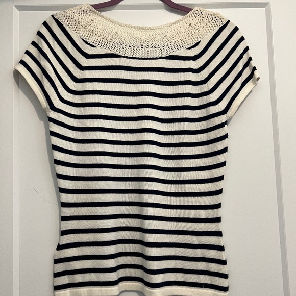Chaps Ralph Lauren women petite knit stripe t-shirt with crochet collar - Picture 6 of 8